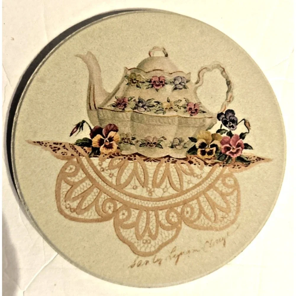 Coaster Stone Set of 4 Round Coasters Teapot Pattern‎ Vtg Cottagecore retro